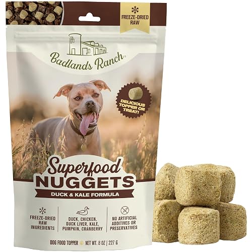 BADLANDS RANCH Superfood Nuggets – Freeze-Dried Raw Dog Treat & Food Topper, Nutrient-Dense Duck & Kale Formula, High Protein, No Artificial Additives, 8oz Bag