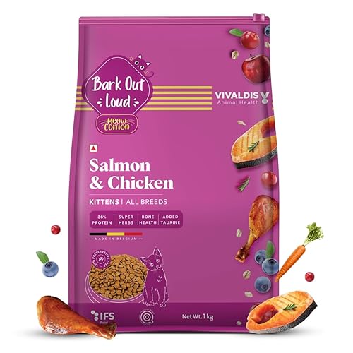 BARK OUT LOUD - Premium Kitten Dry Food | Fresh Salmon & Chicken | Hairball Control | Taurine |Omega Fatty Acids | Probiotivs-No Preservaties - Made in Belgium Kibbles for Kitten (1kg)