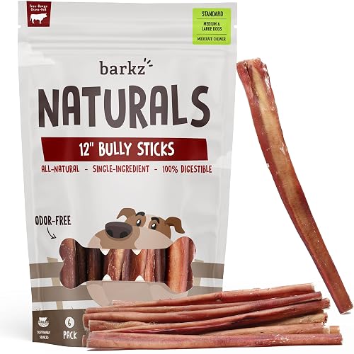 Barkz Naturals 12 Inch Odor-Free Bully Sticks for Dogs (6 Pack) - 100% All-Natural Beef Pizzle Sticks for Medium to Large Dogs - Moderate Chewers - Fully Digestible