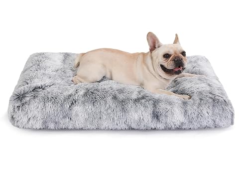 Bedfolks Waterproof Dog Crate Bed With Removable Washable Cover, Plush Faux Fur Pad for Large Dogs, Fluffy Kennel Bed 35"x23", Dark Grey