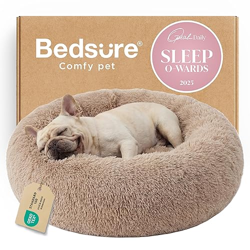 Bedsure Calming Dog Bed Medium Size Dog - Donut Washable Medium Pet Bed, 30 inches Anti-Slip Round Fluffy Plush Faux Fur Cat Bed, Fits up to 45 lbs Pets, Camel