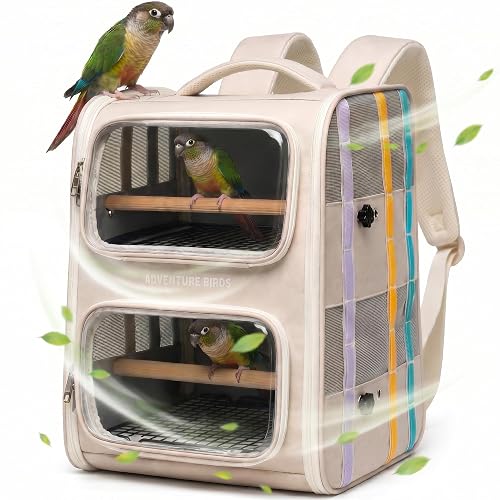 Bird Backpack Carrier for Parrots, Double Layer Bird Travel Cage with Removable Mesh Tray & Perch, Portable Ventilated for Multiple Small Birds Parakeet Cockatiel Conure