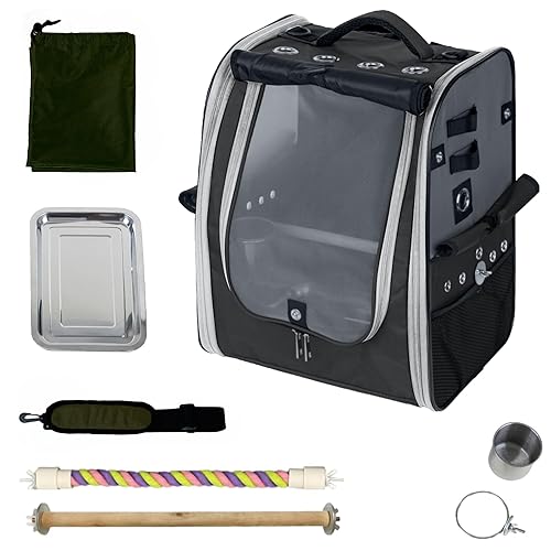 Birds Day Bird Carrier Backpack - Breathable Mesh Portable Parrot Travel Cage with 2PCS Perch, Food Bowl, and Stainless Steel Tray (Charcoal Gray)