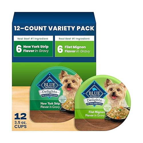 Blue Buffalo Delights Variety Pack Natural Grain Free Wet Dog Food for Small Breed Dogs (Top Sirloin Flavor Paté and Grilled Chicken Flavor Paté) with Natural Ingredients, 3.5-oz. Each (12 Cups)