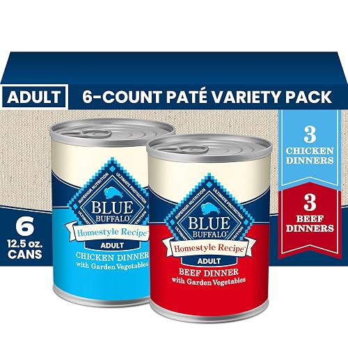 Blue Buffalo Homestyle Recipe Wet Dog Food Paté Variety Pack, Chicken Dinner & Beef Dinner with Garden Vegetables, Made with Natural Ingredients, 12.5-oz. Can (6 Count, 3 of Each)