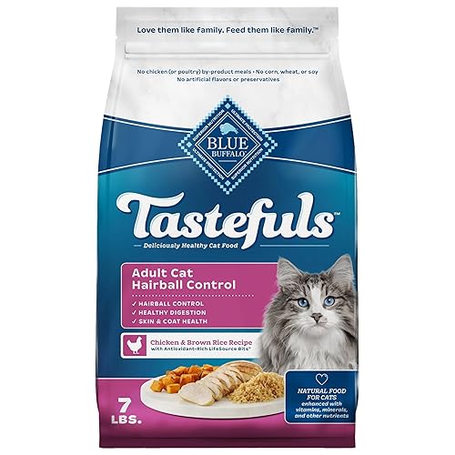 Blue Buffalo Tastefuls Chicken & Brown Rice Recipe Adult Dry Cat Food Hairball Control, Real Chicken First, Deliciously Healthy Natural Cat Food, Supports Digestive Care and Coat Health, 7 lbs.
