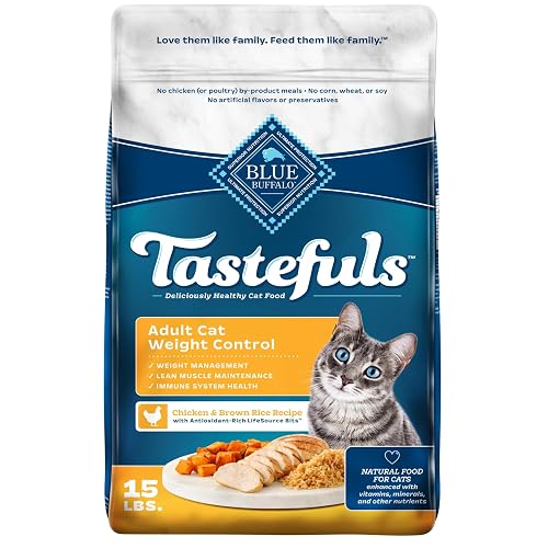 Blue Buffalo Tastefuls Chicken & Brown Rice Recipe Adult Dry Cat Food Weight Control, Real Chicken First, Deliciously Healthy Natural Cat Food, Supports Digestive Care and Coat Health, 15 lbs.