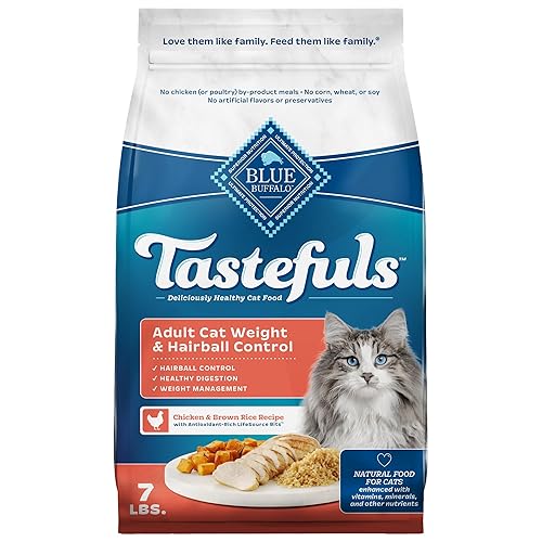 Blue Buffalo Tastefuls Chicken & Brown Rice Recipe Adult Indoor Dry Cat Food for Weight Control & Hairball Control, Real Chicken First, Natural Cat Food Made with Natural Ingredients, 7 lbs.