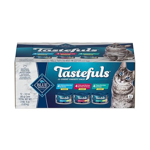 Blue Buffalo Tastefuls Flaked Adult Wet Cat Food Variety Pack (Tuna, Chicken, Fish & Shrimp), Natural Ingredients Enhanced with Vitamins, Minerals & Other Nutrients, 3-oz. Each (12 Cans)