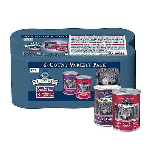 Blue Buffalo Wilderness Adult Wet Dog Food Variety Pack, Beef & Chicken Grill, 32g Protein, and Chicken & Salmon Grill, 35g Protein, Grain-Free & High-Protein, Natural, 12.5-oz. Each (6 Cans)