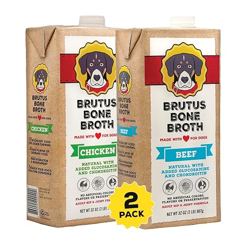 Brutus Chicken Broth Liquid for Dogs - All Natural Chicken Bone Broth for Dogs with Chondroitin Glucosamine Turmeric -Human Grade Dog Food Toppers for Picky Eaters & Dry Food -Tasty & Nutritious