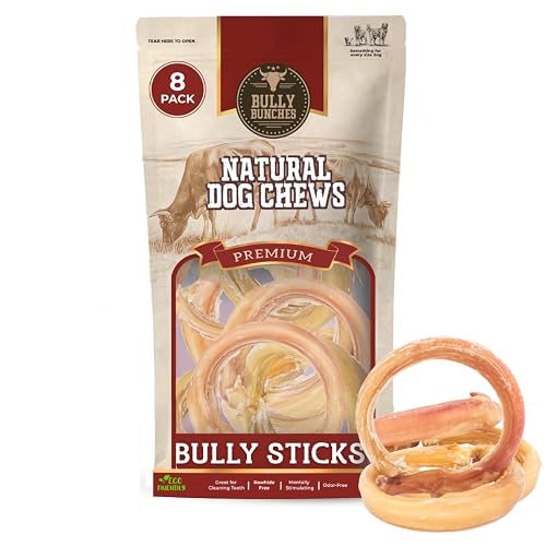 Bully Bunches All Natural Bully Stick Rings - Odour Free, Rawhide Free, Chemical Free - Long Lasting Beef Dog Chews - Fully Digestible Treat, Pack of 8 (Small Bully Stick Rings)