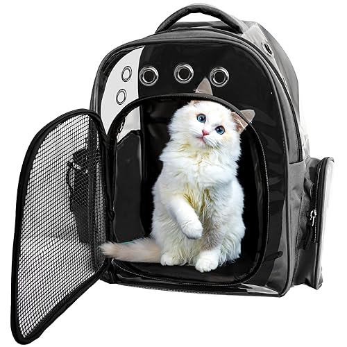 Buraq Breathable Design Pet Carrier Backpack for Hot Weather Travel, Hiking, Ventilated, Touring, Airline-Approved, Sturdy Base cat Bag for Cats Kitten Puppy Rabbit Bird (Black)