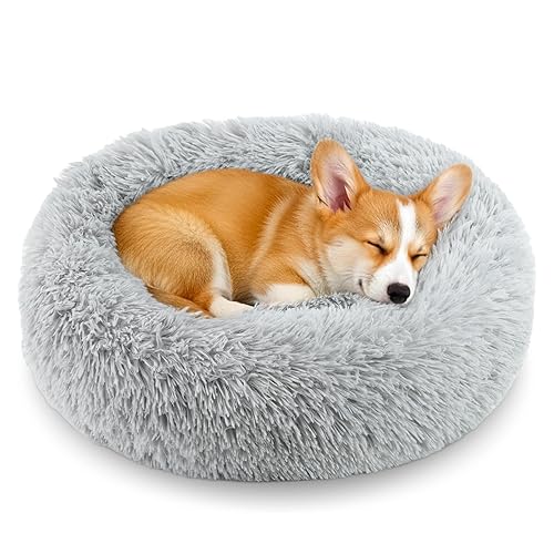 Calming Donut Dog and Cat Bed for Indoor Cats, Anti-Anxiety Round Fluffy Soft Washable Small Pet Bed for Puppy and Kitten, Warming Comfortable Luxury Anti-Slip Waterproof Mute Base 20in Gray