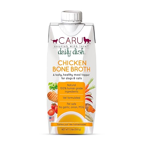 Caru - Daily Dish Chicken Bone Broth - Meal Topper for Dogs & Cats - Supports Overall Pet Health - Pour-Over Broth for Wet/Dry Food - Human Grade Ingredients - Non-GMO - Made in USA - 17.6 oz - 1 Pack