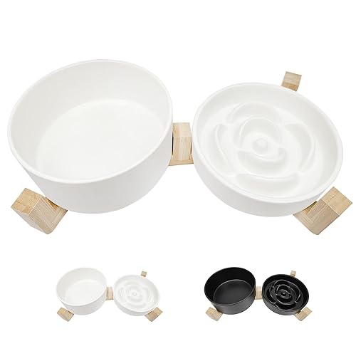 Ceramic Slow Feeder Dog Bowl Set-0.8 Cup Puzzle Dog Food Bowl(≈180g Food) for Fast Eater & 850ML Dog Water Bowl with Wooden Stand for Small Dogs and Cats,Anti-Slip-White