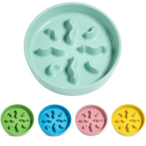 Ceramic Slow Feeder Dog Bowls Small Breed, 0.5 Cups Dog Food Dish for Fast Eaters, Puzzle Bowl for Small Dogs and Cats, 5.5 Inch-Turquoise