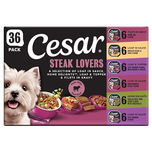 Cesar Adult Wet Dog Food Steak Lovers Variety Pack with Real Meat, 3.5 oz. Easy Peel Trays, 36 Count (Pack of 1)