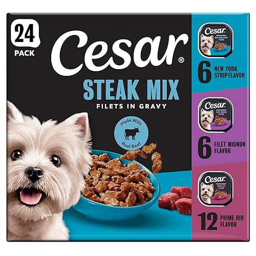 Cesar Filets in Gravy Adult Wet Dog Food Variety Pack, Filet Mignon, New York Strip, and Prime Rib Flavors, 3.5 oz. Easy Peel Dog Food Tray, 24 Count (Pack of 1)