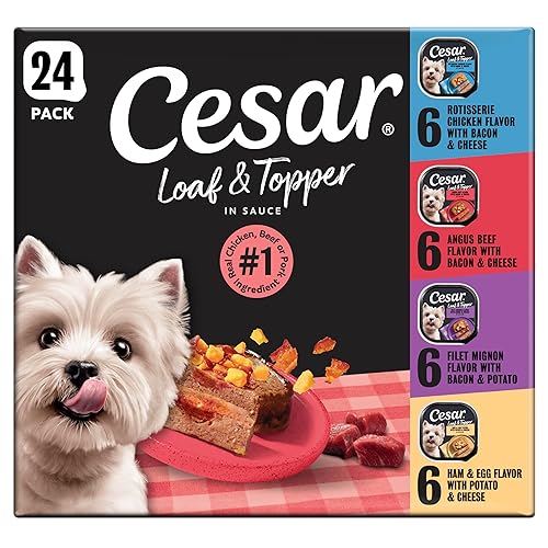 Cesar Loaf in Sauce Wet Dog Food Rotisserie Chicken, Filet Mignon, Angus Beef, and Ham & Egg Flavors Variety Pack, 3.5 oz. Easy Peel Trays (24 Count, Pack of 1)