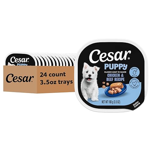 Cesar Puppy Classic Loaf in Sauce Wet Dog Food, Chicken & Beef Recipe, 3.5 oz. Easy Peel Trays, Dog Food Toppers, 24 Count