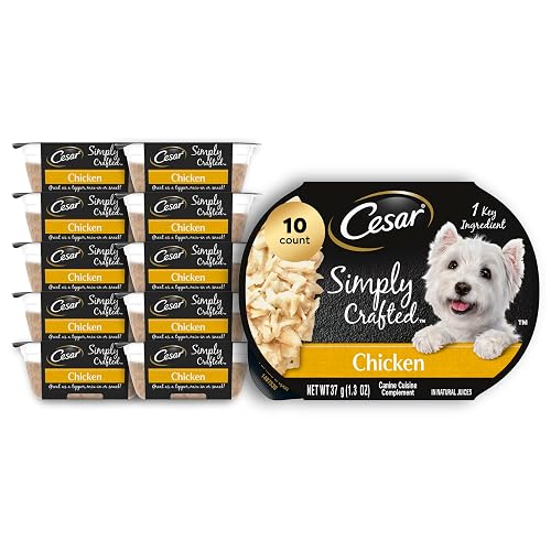 Cesar Simply Crafted Adult Wet Dog Food Toppers for Dry Food, Chicken, 1.3 oz Tubs, 24 Count
