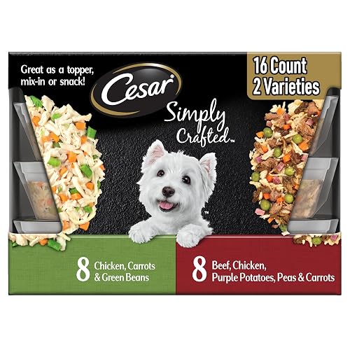 Cesar Simply Crafted Wet Dog Food Toppers for Dry Food, Chicken, Carrots & Green Beans and Beef, Chicken, Purple Potatoes, Peas & Carrots Meal Topper, 1.3 oz. Tub, 16 Count