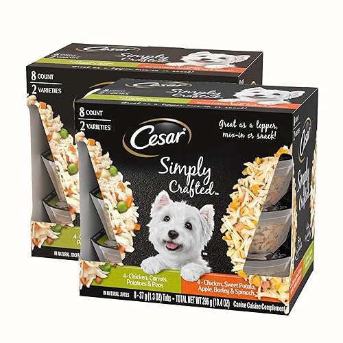 Cesar Simply Crafted Wet Dog Food Toppers for Dry Food, Chicken, Carrots, Potatoes & Peas and Chicken, Sweet Potato, Apple, Barley & Spinach Meal Topper Variety Pack, 1.3 oz. Tubs, 8 Count (Pack of 2)