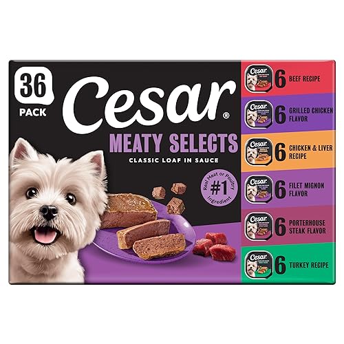Cesar Wet Dog Food Classic Loaf in Sauce Grilled Chicken, Filet Mignon, Porterhouse Steak, Beef, Chicken & Liver and Turkey Variety Pack 3.5 oz. Easy Peel Trays (36 Count, Pack of 1)