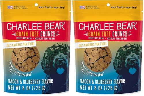 Charlee Bear Crunch Grain Free Dog Treats, Bacon and Blueberry, 8 Ounce Resealable Bag, Low Calorie Training Treats for Dogs, Limited Ingredient, Healthy, Crunchy Dog Snacks, Made in USA (Pack of 2)