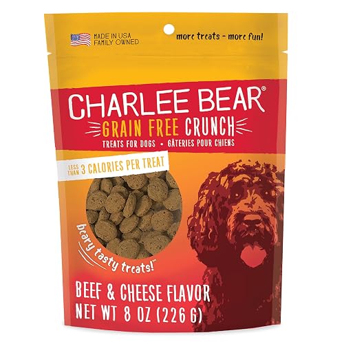 Charlee Bear Crunch Grain Free Dog Treats, Beef and Cheese, 8 Ounce Resealable Bag, Low Calorie Training Treats for Dogs, Limited Ingredient, Healthy, Crunchy Dog Snacks, Made in USA