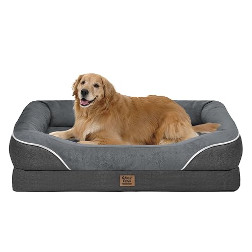 Chez Paw Large Orthopedic Dog Bed for Extra Large Dogs, Waterproof XL Egg-Crate Foam Dog Bed with Removable Washable Cover & Non-Slip Bottom, 4-Sided Bolster Support,Grey 42"x30"x7.5"