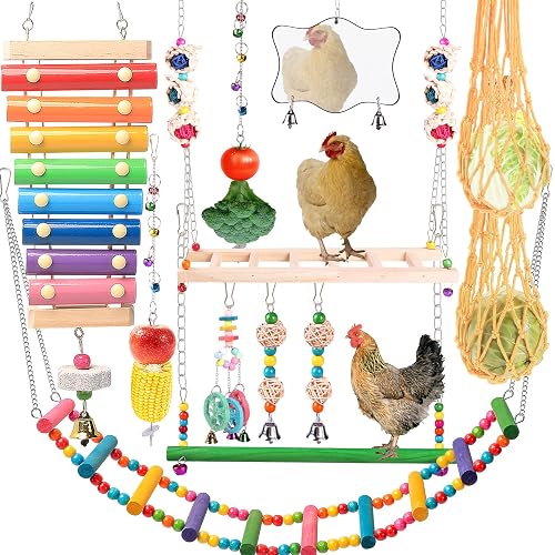 Chicken Toys for Coop 12PCS Set, KAKUNM Chicken Enrichment Toys,Including Xylophone, Swing Set, Mirror Toy, Flexible Ladder, Vegetable String Bag and Hanging Feeder, Coop Accessories for Hens
