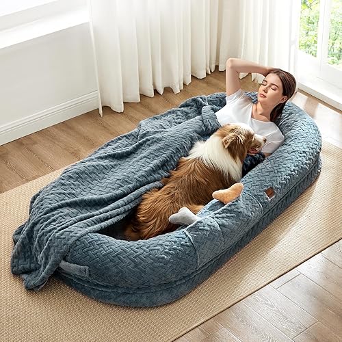 ChiXnuggle Human Dog Bed for Adults, Giant Faux Fur Washable Adult Dog Bed with Orthopedic Egg Crate Foam, Blanket & Handle, for Napping, Reading & Relaxing, 72"x40"x10", Bluish Grey