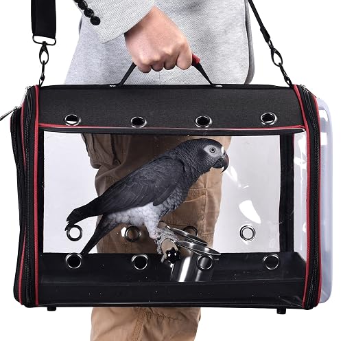 Colorday Lightweight Bird Carrier Travel Cage, Large 19x12x13 inch | For Travelers, Parrot Feeder Cups Included, Standing Perch Included, With Tray, Black