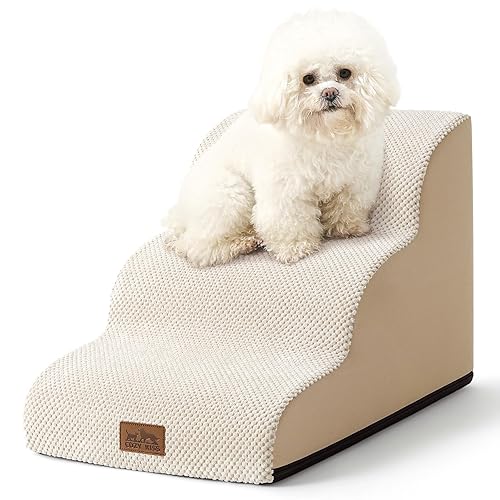COZY KISS Dog Stairs for Small Dogs 15.7" H, Curved Dog Step for Puppy, Older Cat, Medium Pet Ramp for Sofa, Couch or Chair, Ladder with High Density Foam, 3 Step, 15.7x22.4x15.7 inch, Beige