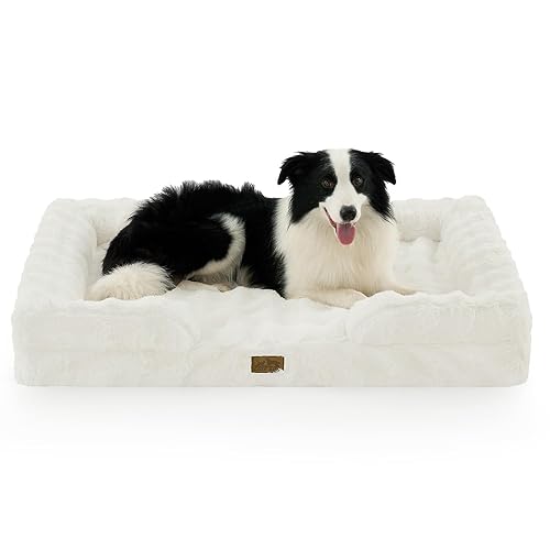 COZY KISS Orthopedic Dog Bed for Extra Large Dog 44x32 inch, XL Faux Fur Pet Sofa, Bolster Foam Bed with Sides, Non-Slip and Egg-Crate Big Dog Couch Bed with Washable Removable Cover, Beige