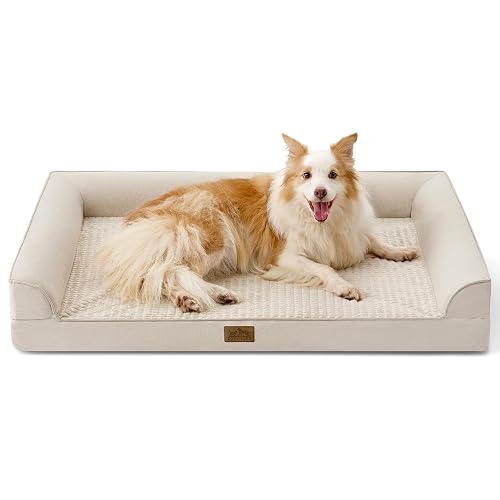 COZY KISS Orthopedic Dog Bed for Extra Large Dog 44x32 inch, XL Pet Sofa, Bolster Foam Bed with Sides, Non-Slip and Egg-Crate Big Dog Couch Bed with Washable Removable Cover, Beige