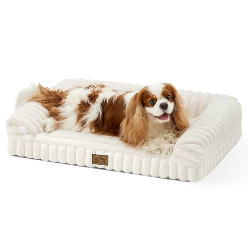 COZY KISS Ultra Soft Faux Rabbit Fur Dog Bed for Small Dogs – 30"x20" Orthopedic Foam Couch, Removable Washable Cover & Waterproof Lining, Cream