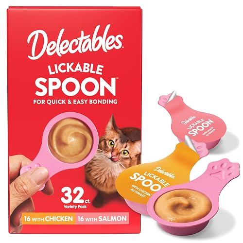 Delectables Lickable Spoon Handheld Wet Cat Treats Made with Real Chicken & Salmon, Quick & Easy Creamy Puree, Mess Free, Grain-Free, No Added Fillers, No by-Products, Variety Pack, 32ct