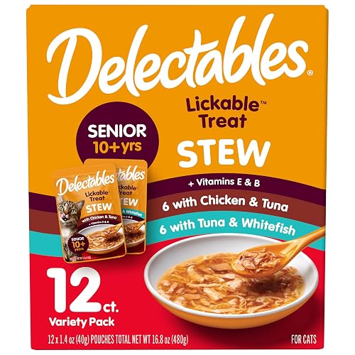 Delectables Lickable Treat Stew Senior 10+ Wet Cat Treat with Real Chicken, Food Topper, Hydrating, Grain-Free, No Fillers, No By-Products, No Added Preservatives, 1.4oz Pouch, 12ct