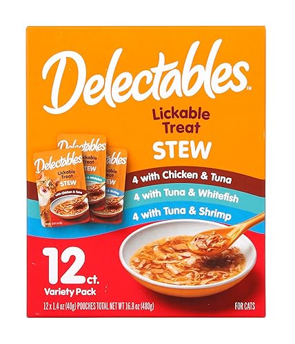Delectables Lickable Treat Stew Wet Cat Treat Variety Pack, Food Topper, Hydrating, Grain-Free, No Fillers, No By-Products, No Added Preservatives, 1.4oz Pouch, 12ct