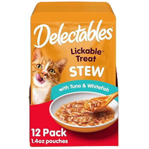 Delectables Lickable Treat Stew Wet Cat Treat with Real Tuna & Whitefish, Food Topper, Hydrating, Grain-Free, No Fillers, No By-Products, No Added Preservatives, 1.4oz Pouch, 12ct