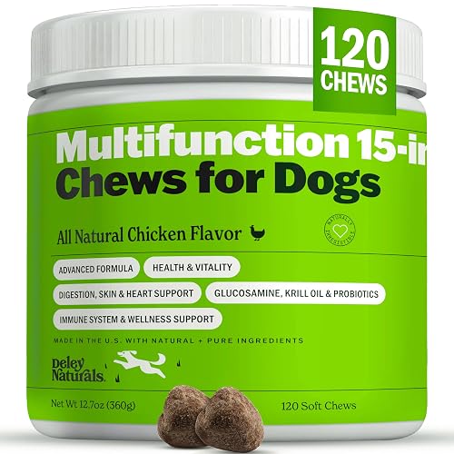 Deley Naturals 15 in 1 Multivitamin for Dogs - Complete Dog Vitamins and Supplements for Immune Support, Joint, Skin, Digestion, Heart & Overall Health - Daily Multifunction Supplements - 120 Chews