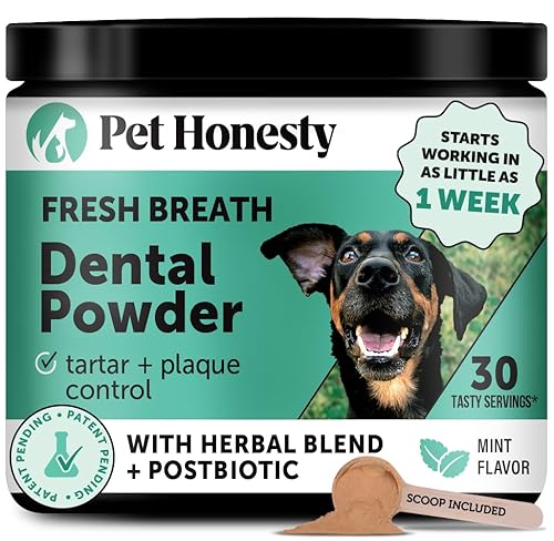 Dog Breath Freshener Dental Powder - Teeth Cleaning Plaque Off + Tartar Remover for Dogs - Care Supplement Food Topper with Kelp, HMP + Postbiotics for Healthy Gums - Mint Flavor (30 Servings)