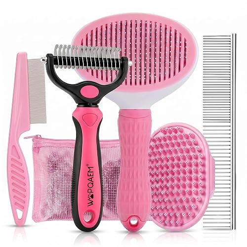 Dog Brush Grooming Kit 5 PCS - Self Cleaning Slicker Brush for Shedding Short Long Haired Dogs & Cats, Includes Pet Comb, Flea Comb, Bath Brush, Undercoat Rake - Complete Fur Care Set - Pink