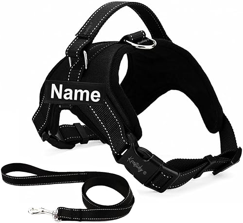 Dog Harness with Name id Customized for Dogs Small Puppy Medium & Large All Breeds Harness Reflective Adjustable Belt Vest Harness (with Dog Name) (Black) (Large Dogs)