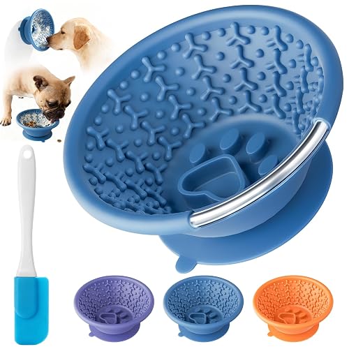 Dog Lick Bowl, Non-Slip Slow Feeder Licking Mat & Treat Dispenser (Wide Bowl Mouth w/Inlaid Stainless Steel Ring) - Interactive Toys, Anxiety Reducer, Freeze Bone for Dogs, BPA Free Silicone(Blue)