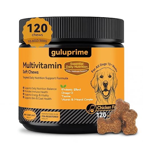 Dog Multivitamin Soft Chews - 5-in-1 Daily Vitamins for Dogs (Skin, Coat, Heart, Eye & Immune), 23 Active Ingredients with CoQ10, Lutein, Omega 3 - Chicken Flavor, 120 Chews