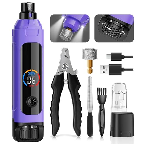 Dog Nail Grinder, 6-Speed Quiet Electric Dog Nail Trimmers, Dog Nail Clippers with File for Small Medium Large Dogs, Cats, Rechargeable Pet Paw Grooming Supplies Kit, 2 Grinding Wheels (Purple)